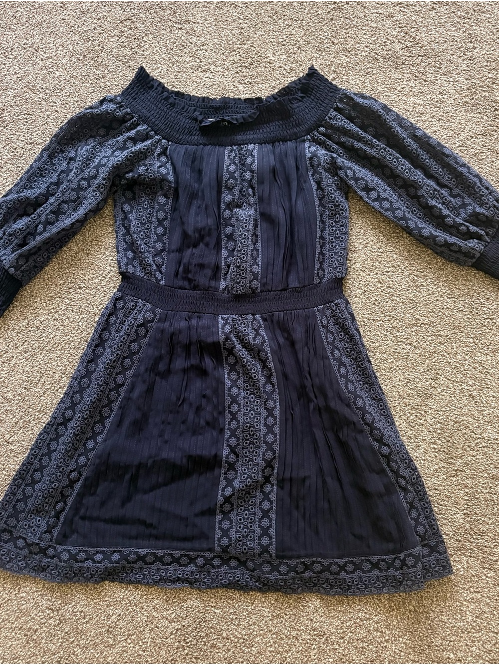 Alice + Olivia Navy Off-Shoulder Lace-Trim Dress